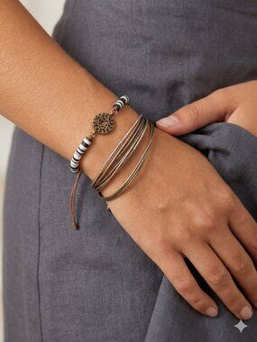 Boho Monochrome Heishi Bead Bracelet with Bronze Filigree Charm - Adjustable